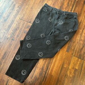 Men's Black Straight Jeans with White Smiley Print